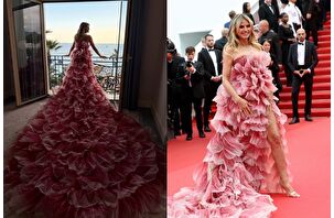Heidi Klum, 78. Cannes Film Festivali'nin açılış töreninde pembe uzun elbisesiyle dikkat çekti