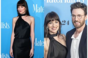 Dakota Johnson ve Chris Evans, Pedro Pascal'ın yüz kartonu ile New York'taki Materialists galasında