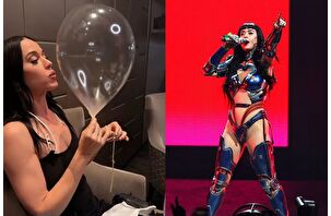 Katy Perry, helyum balonunu üfledi ve şarkı söyledi