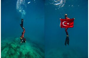 Şahika Ercümen, Kaş'taki batık tanka Türk bayrağıyla dalış yaptı
