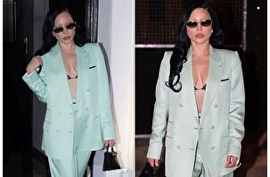 Lady Gaga, koyu renk tarzının haricinde Tom Ford by Haider Ackermann pastel mint tonu takımıyla şaşırttı
