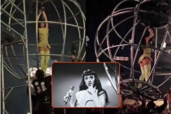 Katy Perry, sahnedeki topta asılı kaldı