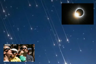 Gökyüzünde üçlü şölen, tam güneş tutulması Perseid meteor yağmuru ve gezegen geçidi aynı gün