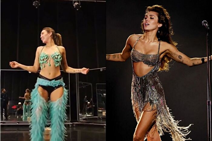 Miley Cyrus, yakında çıkacak olan albümü için Vegas şov kızı kıyafetiyle prova yaptı