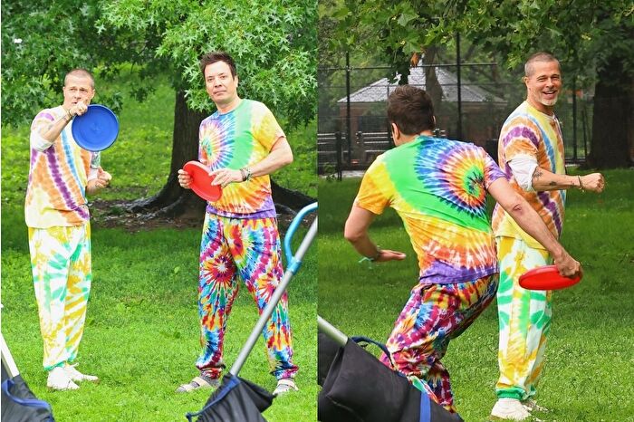Brad Pitt ve Jimmy Fallon, Uptown Manhattan'daki Jimmy Fallon Show için renkli bir skeç çekti