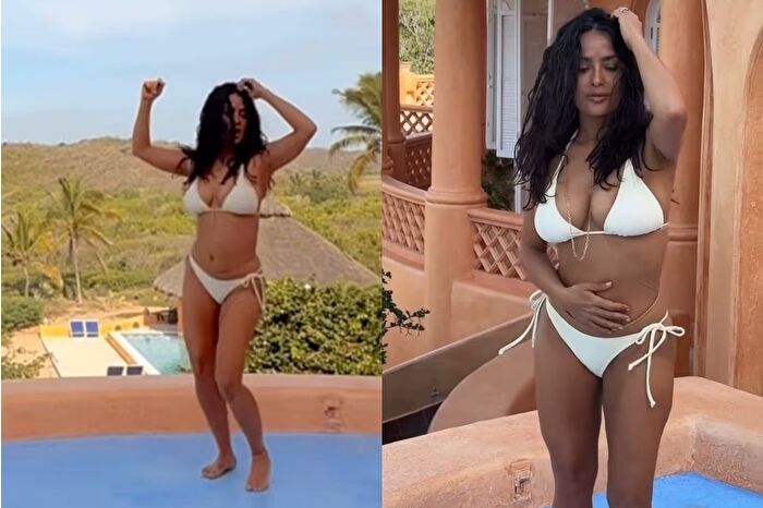Salma Hayek'in beyaz bikinili havuz dansı