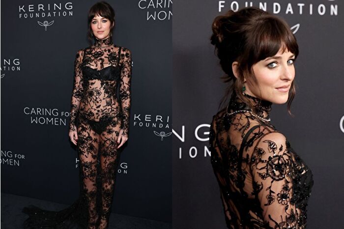 Dakota Johnson, Kering Vakfı'nın New York'taki yemeğinde transparan elbise giydi