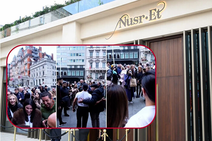 Nusret Gökçe’nin tuz serpme şovunu izlemek için saatlerce bekleyen Londra kalabalığı restoran önünde uzun kuyruklar oluşturdu