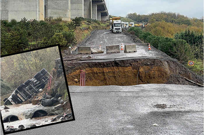 Sarıyer'de yol çöktü iki araç dereye düştü