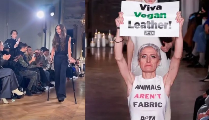 PETA üyeleri, podyuma koltuk değnekleri ile çıkan Victoria Beckham'ın defilesini protesto etti
