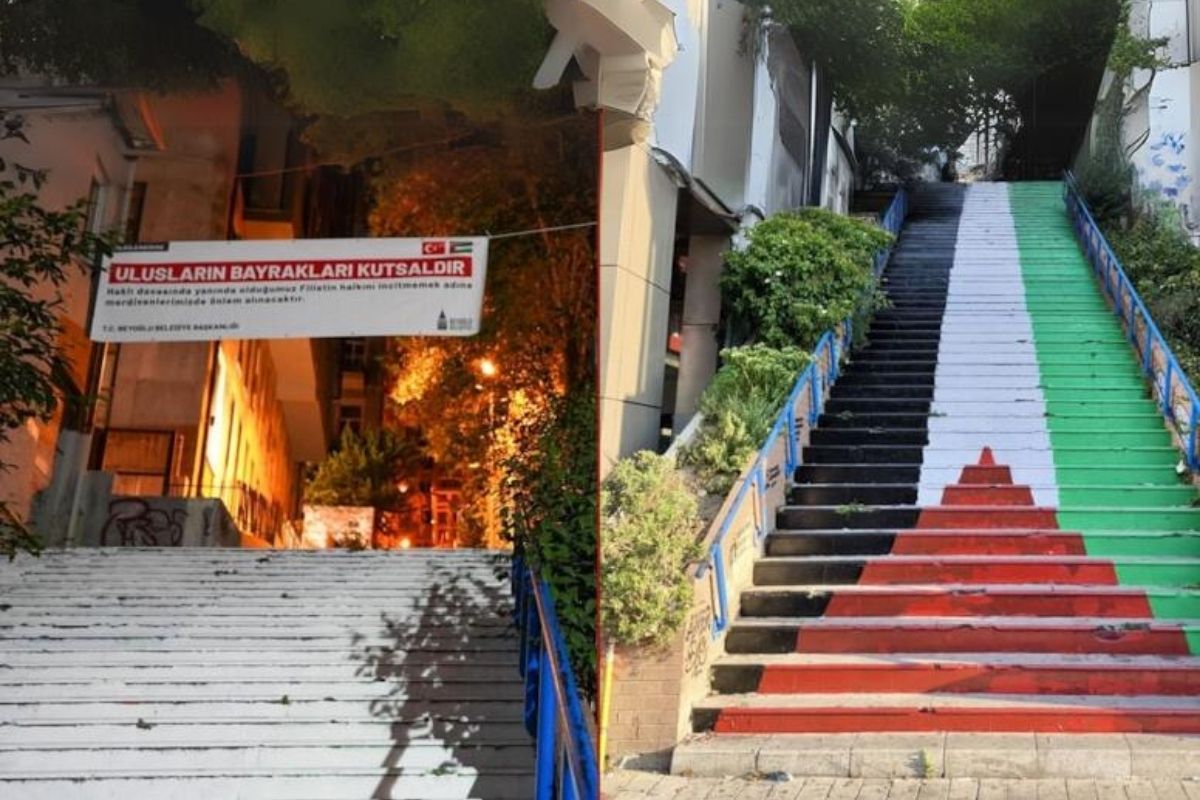 Cihangir merdivenlerindeki Filistin bayrağı kaldırıldı: Yerde değil gökte olur