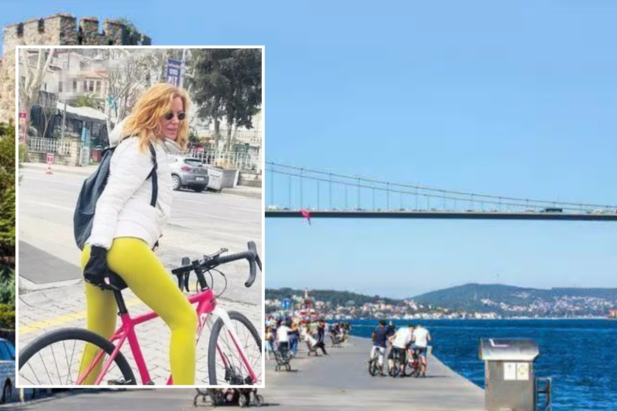 Etel Baler, özel yapım pembe bisikletiyle Boğaz’da spor yaparken dikkatleri üzerine çekti