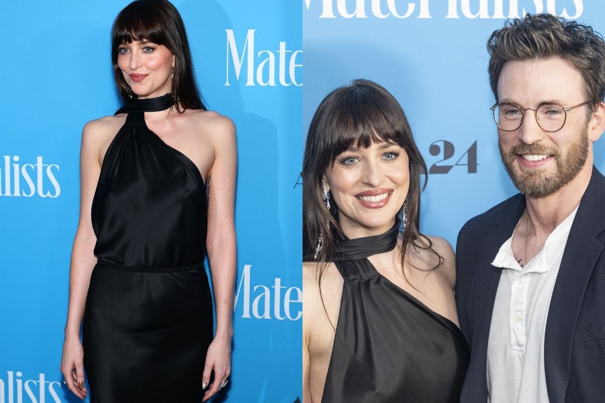Dakota Johnson ve Chris Evans, Pedro Pascal'ın yüz kartonu ile New York'taki Materialists galasında