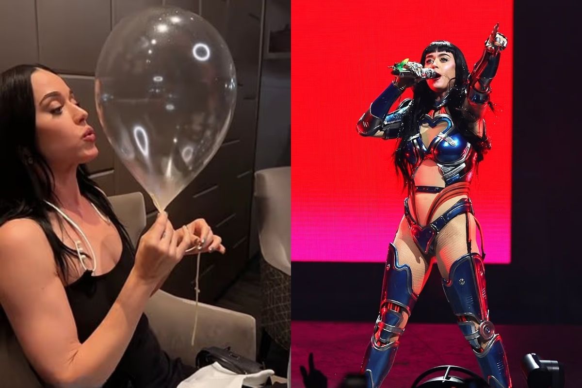 Katy Perry, helyum balonunu üfledi ve şarkı söyledi