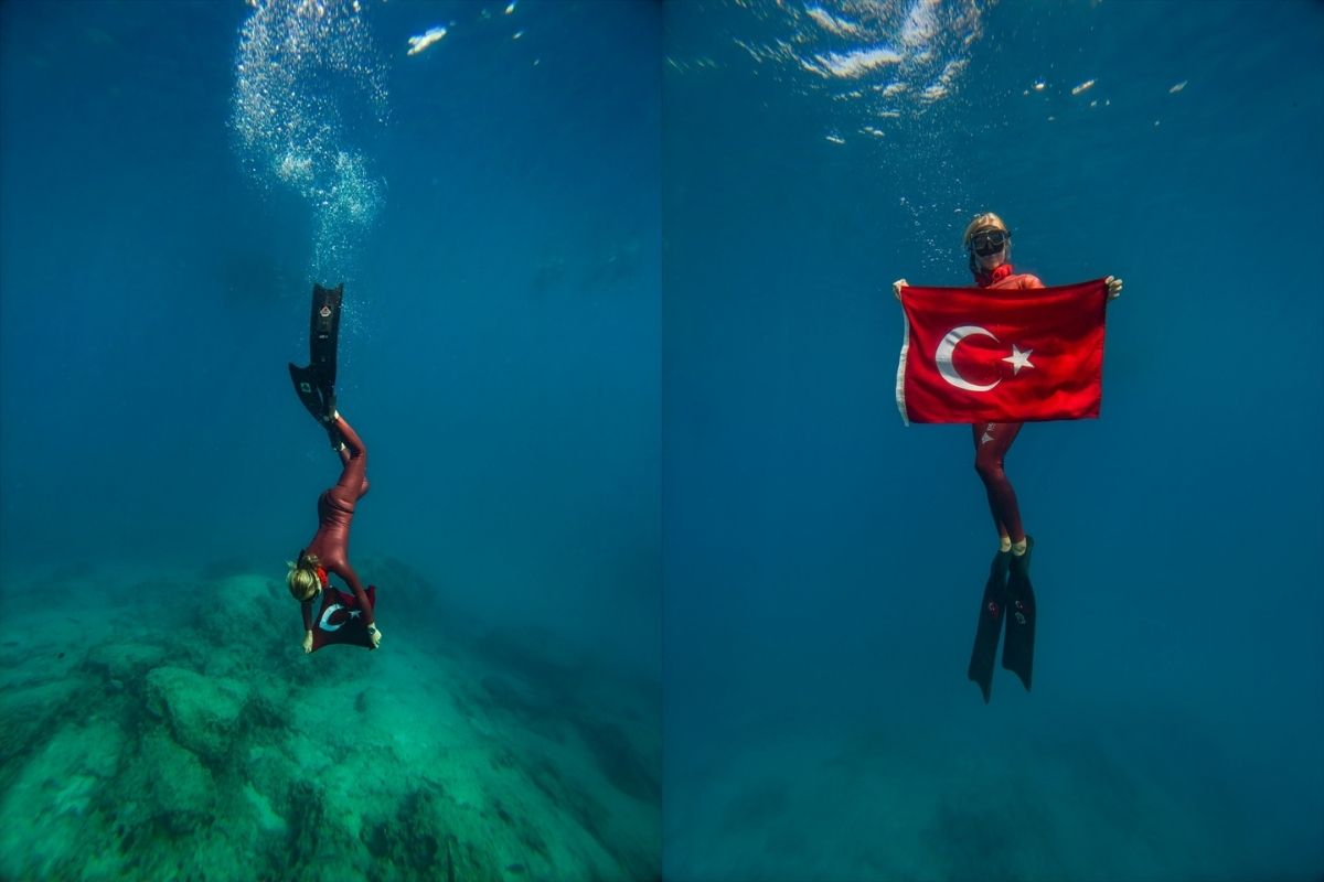 Şahika Ercümen, Kaş'taki batık tanka Türk bayrağıyla dalış yaptı