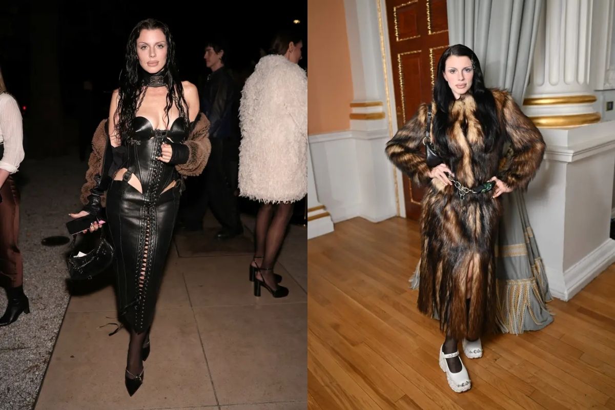 Julia Fox, British Vogue'un moda partisine Dilara Fındıkoğlu imzalı siyah deri korse elbiseyle geldi