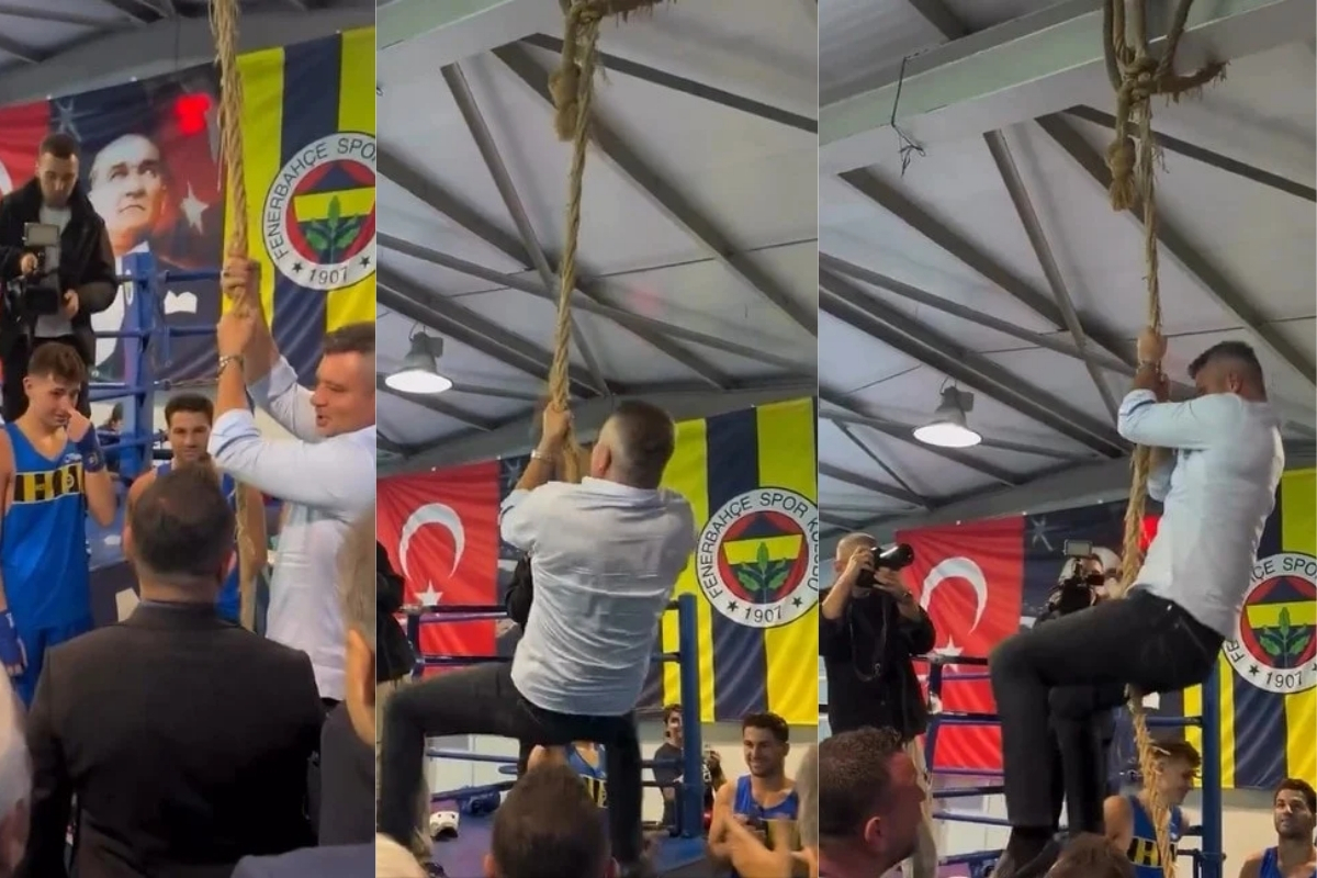 Ziyaret ettiği genç boksörlerin antrenman salonundaki halata tırmanan Sadettin Saran sosyal medyada gündem oldu