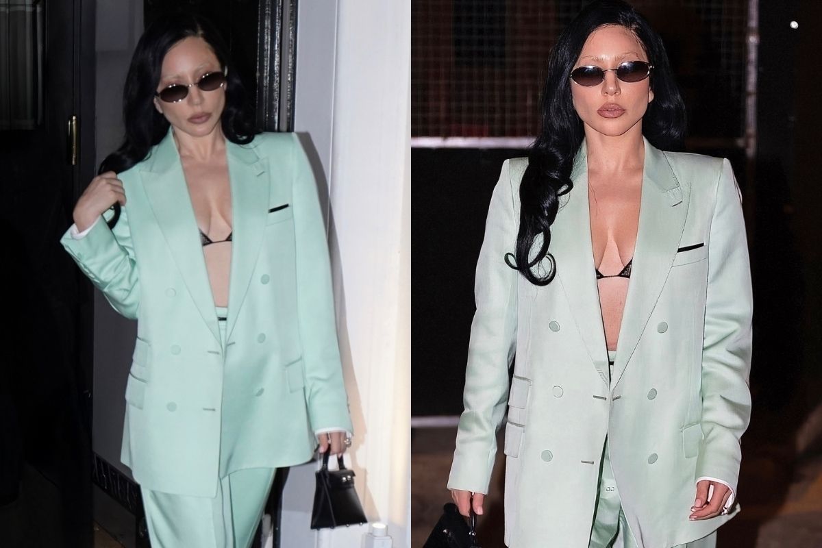 Lady Gaga, koyu renk tarzının haricinde Tom Ford by Haider Ackermann pastel mint tonu takımıyla şaşırttı