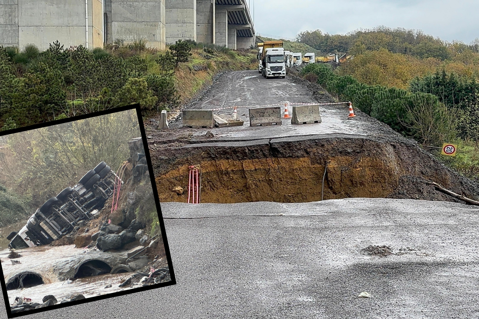 Sarıyer'de yol çöktü iki araç dereye düştü