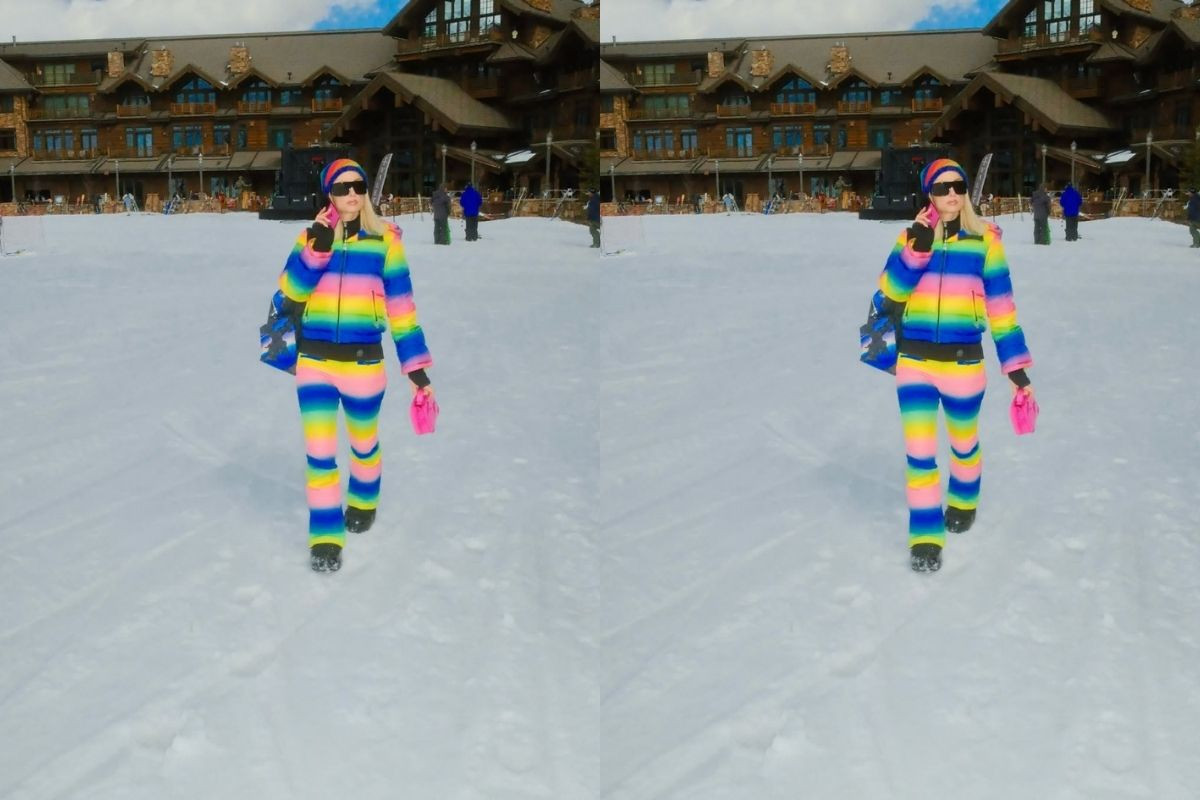 Paris Hilton, renkli tulumu ile kayak keyfinde