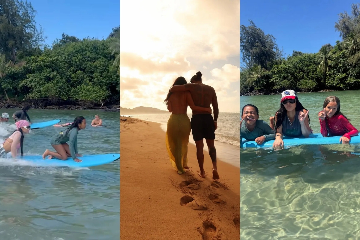 Kim Kardashian, Lewis Hamilton ve ailesiyle birlikte sörf yaptı